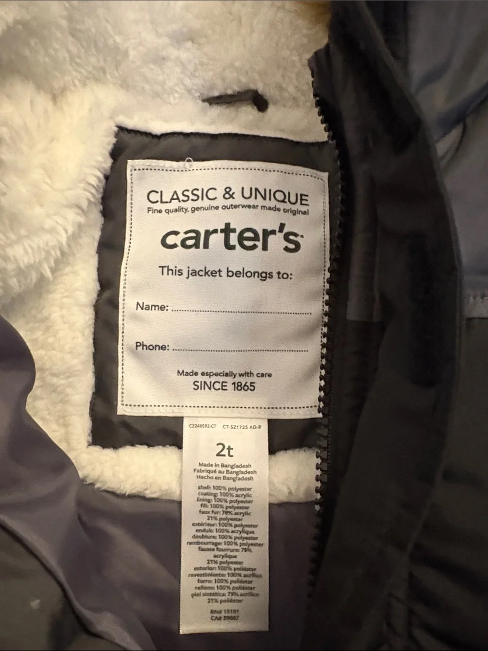Carter's Toddler 2T Black and Gray Faux Fur-Trim Hooded Puffer Coat